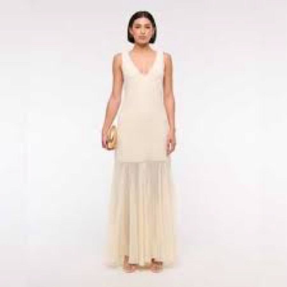 Plunge godet maxi dress in warm beige